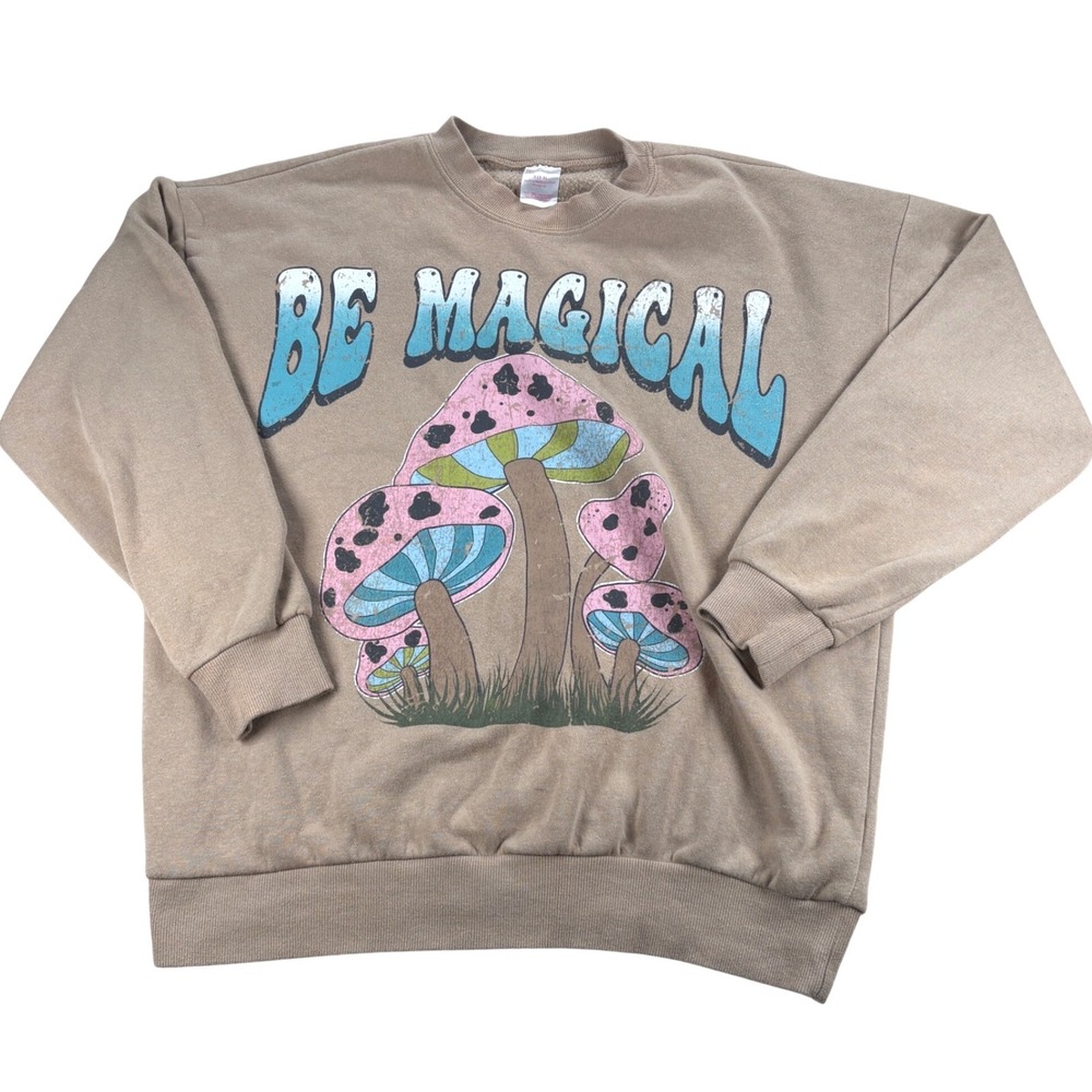 No Boundaries Sweatshirt Womens‎ S Tan Be Magical Mushroom Fairycore Goblincore